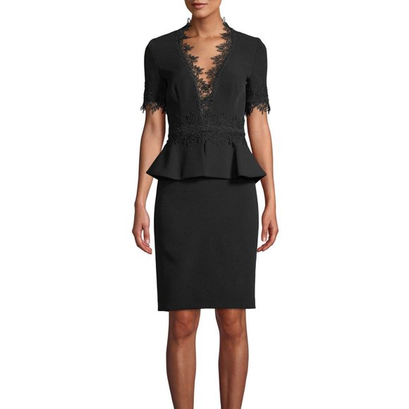 NAEEM KHAN Black Peplum Lace Trim Cocktail Dress - Picture 1 of 2